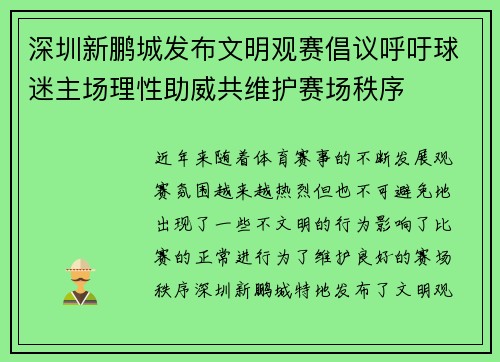 深圳新鹏城发布文明观赛倡议呼吁球迷主场理性助威共维护赛场秩序
