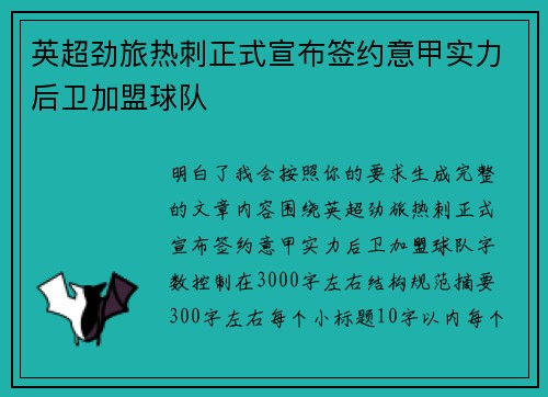 英超劲旅热刺正式宣布签约意甲实力后卫加盟球队