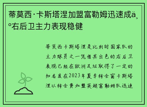 蒂莫西·卡斯塔涅加盟富勒姆迅速成为右后卫主力表现稳健